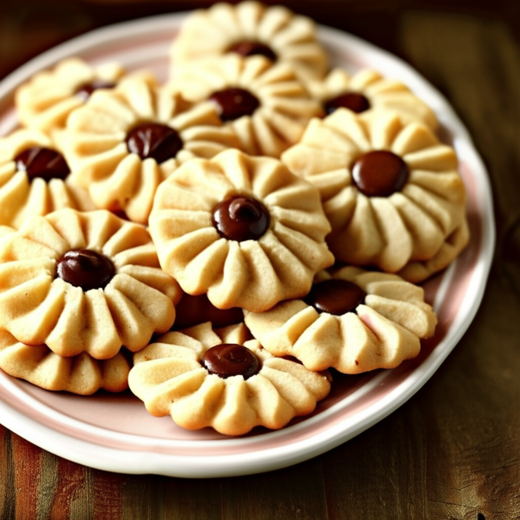 Flower-shaped cookies with dark chocolate centers, piled on a pink-rimmed plate.