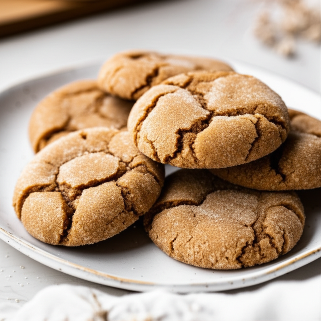 Pile of cracked, golden-brown gingersnap cookies on a white plate.