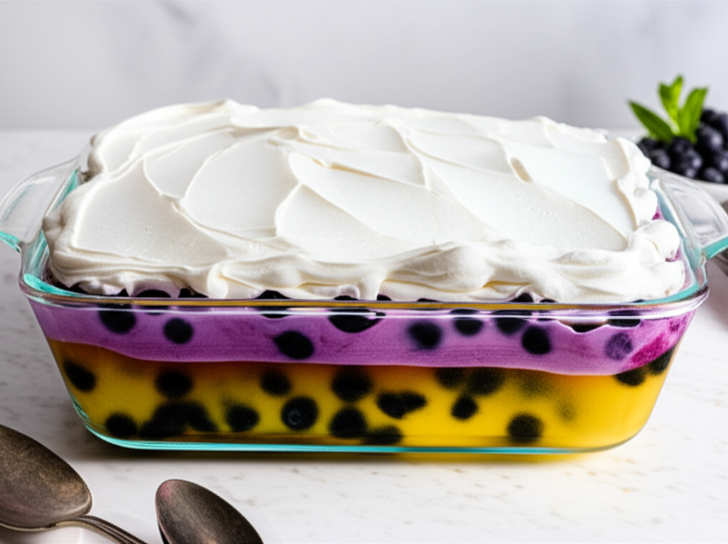 Layered lemon blueberry salad in glass dish, topped with whipped cream.