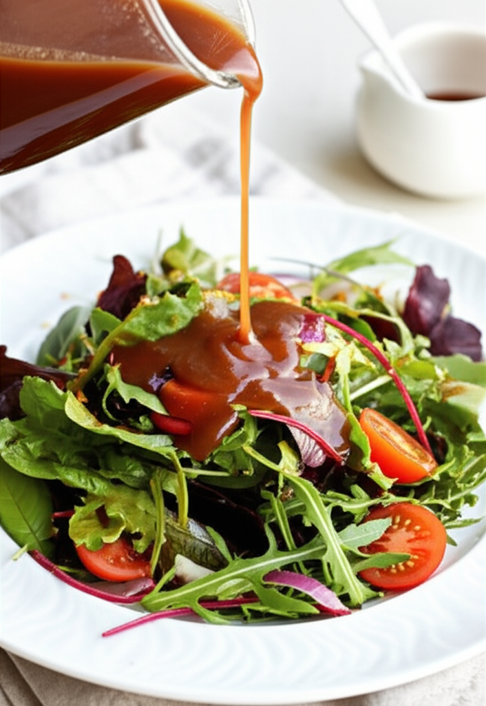 Salad with greens, tomatoes, and red onion being drizzled with a brown dressing.