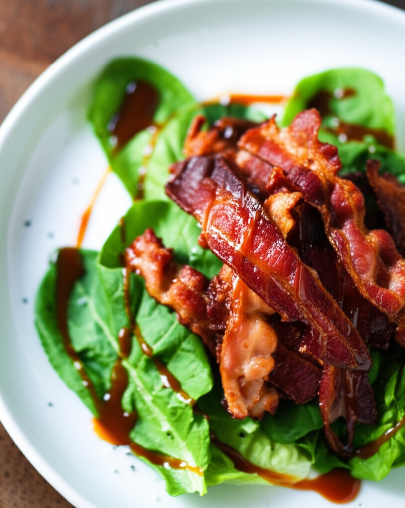 Crisp bacon strips on a bed of green salad, drizzled with a dark, glossy dressing on a white plate.