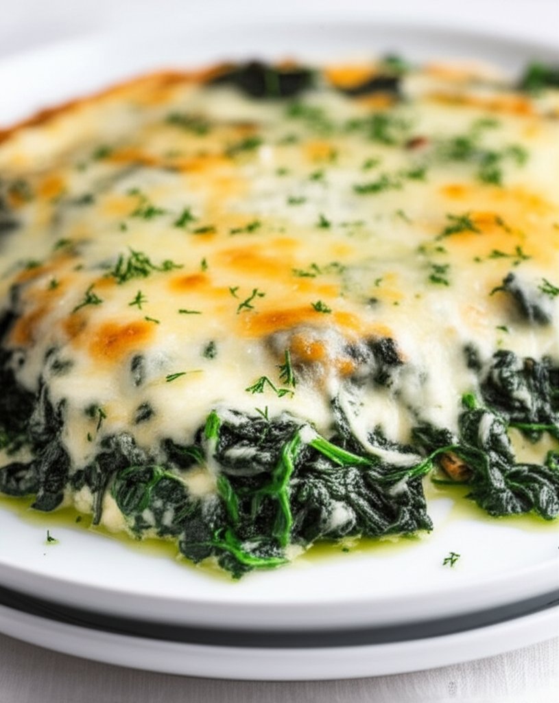 Baked spinach with melted cheese topping, garnished with herbs, served on a white plate.