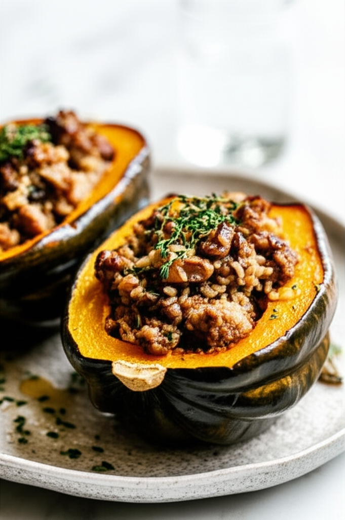 Halved acorn squash filled with sausage stuffing, garnished with herbs on a speckled plate.