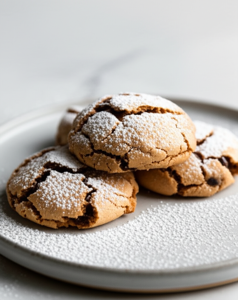 Pile of cracked, light-brown Beacon Hill cookies dusted with powdered sugar on a gray plate.