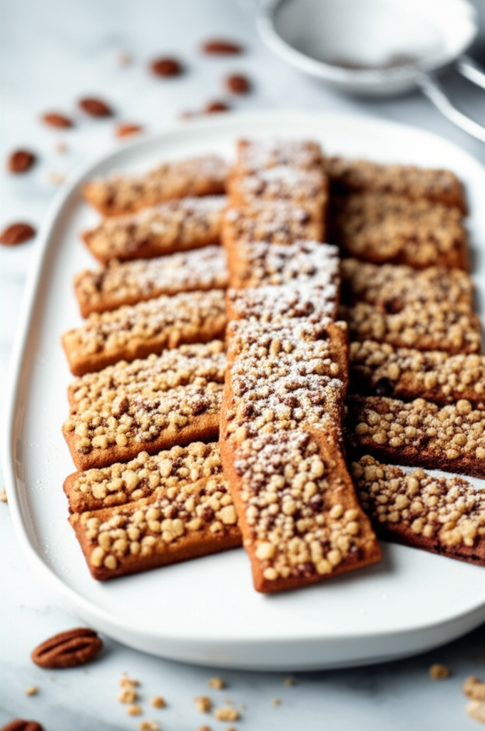 Rectangular nut cookies on a white plate, some dusted with powdered sugar.
