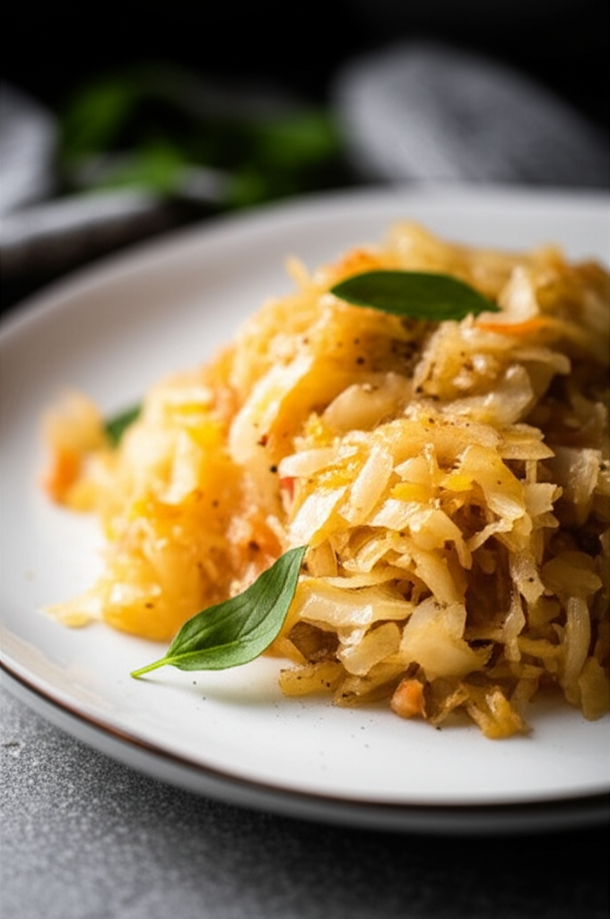 Baked sauerkraut on a white plate, garnished with fresh basil leaves. The sauerkraut is golden brown and shredded.