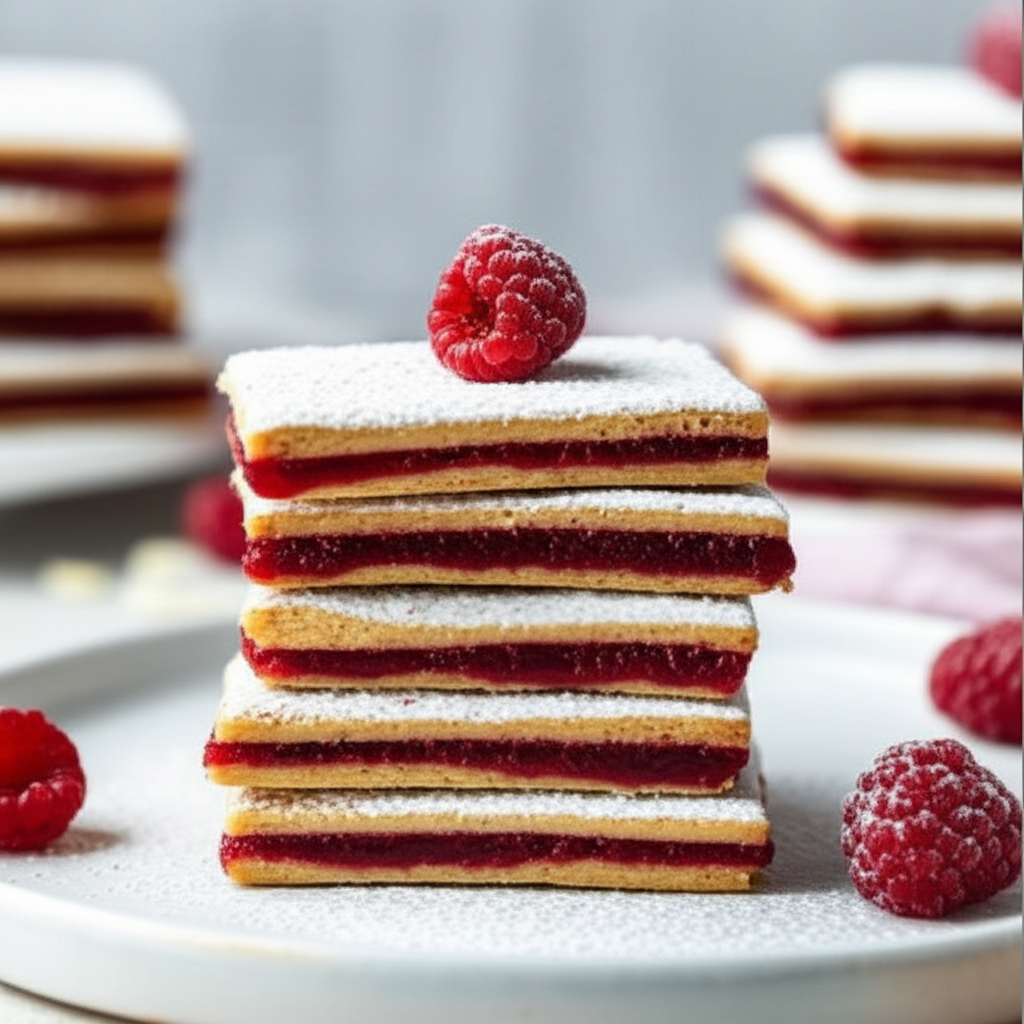 Stacked Leckerli cookies with raspberry filling, dusted with powdered sugar and topped with a fresh raspberry.