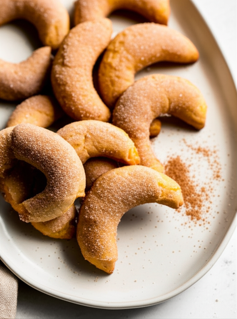 Baked crescent cookies, golden brown and coated in sugar, piled on a light gray plate.