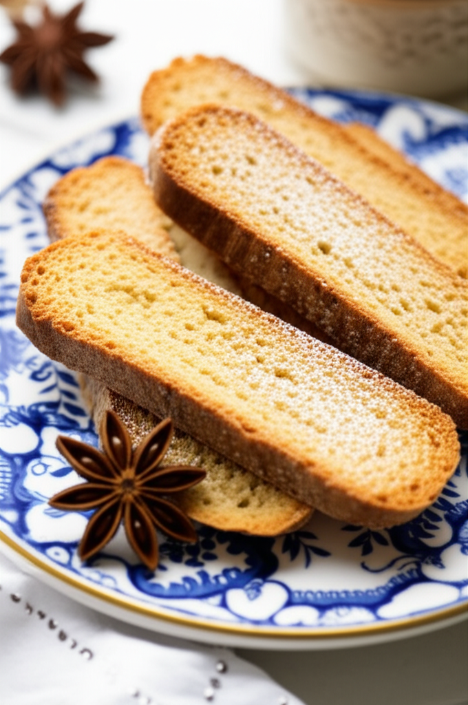 Toasted anisette bread slices, dusted with powdered sugar, on a blue and white patterned plate with star anise.