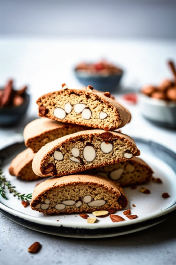 Stacked almond biscotti on a plate, showing the crisp texture and visible almonds.