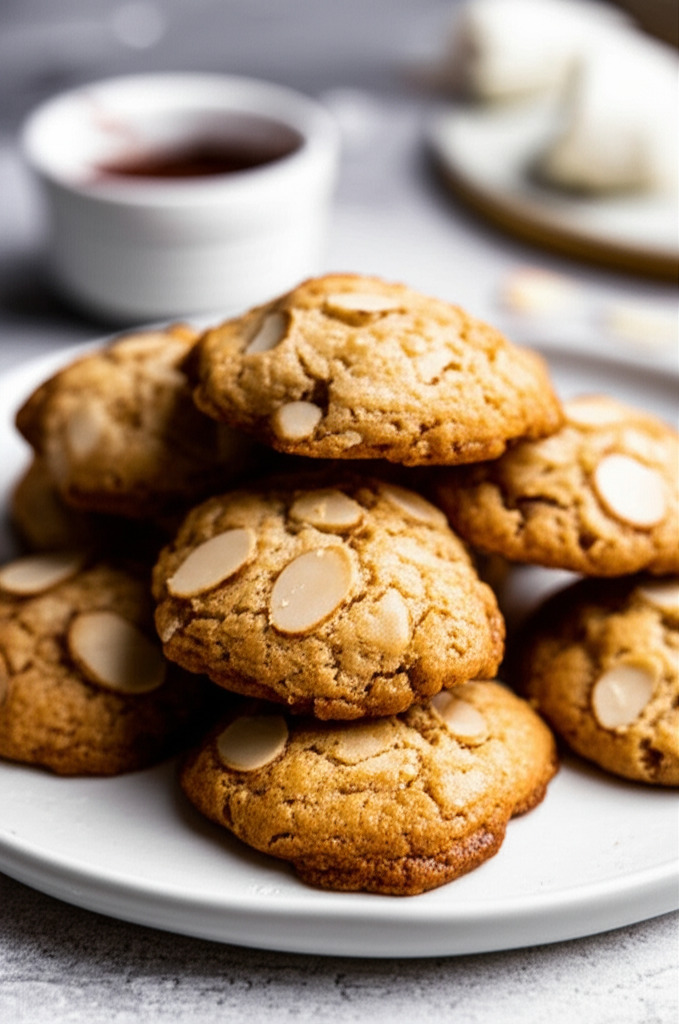 Pile of golden almond drop cookies on a white plate, topped with sliced almonds.