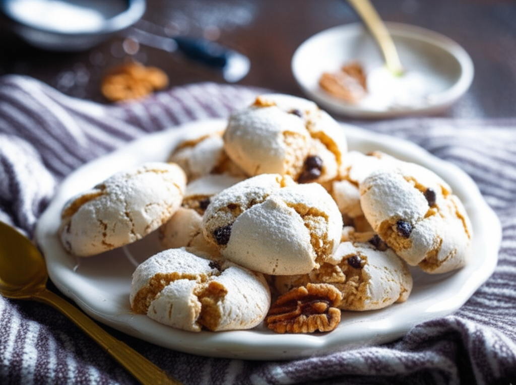 Powdered sugar-dusted meringue cookies with nuts on a white plate.