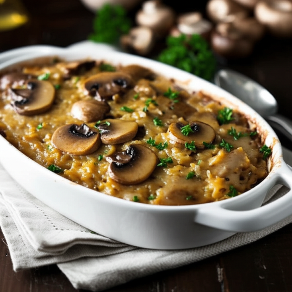 Baked rice with mushrooms in a white dish, garnished with parsley. Sliced mushrooms on top.