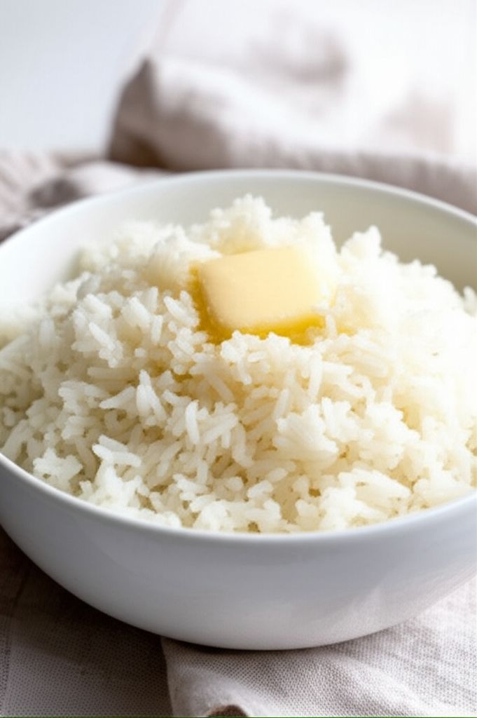 Fluffy white rice in a bowl, topped with a melting pat of butter.