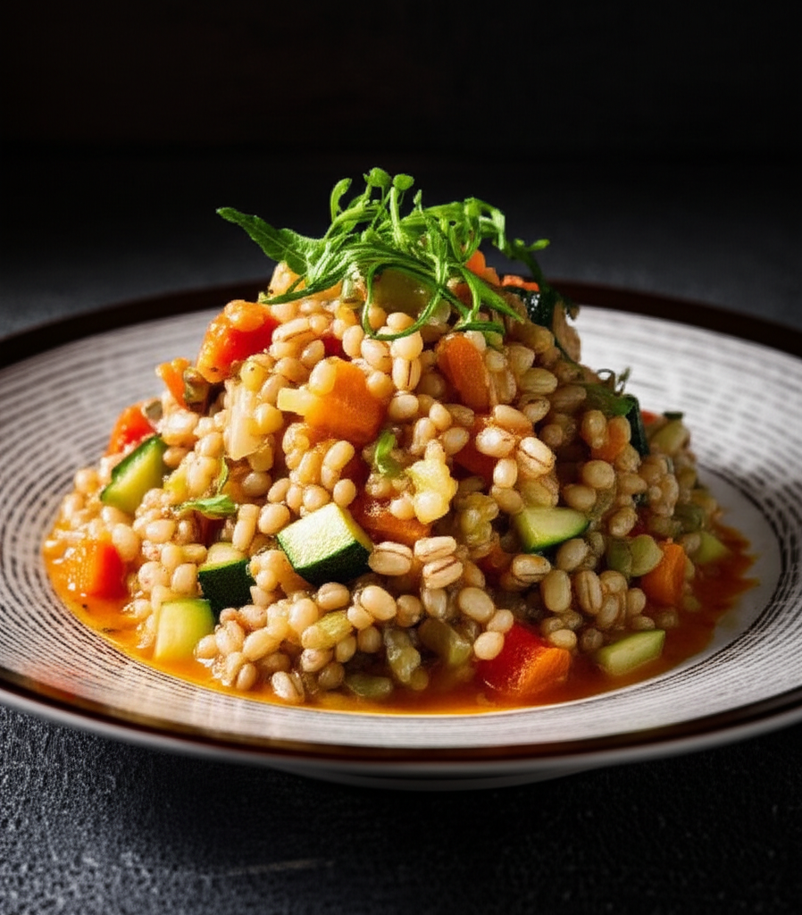 Barley risotto with diced carrots, zucchini, and herbs, served on a patterned plate.