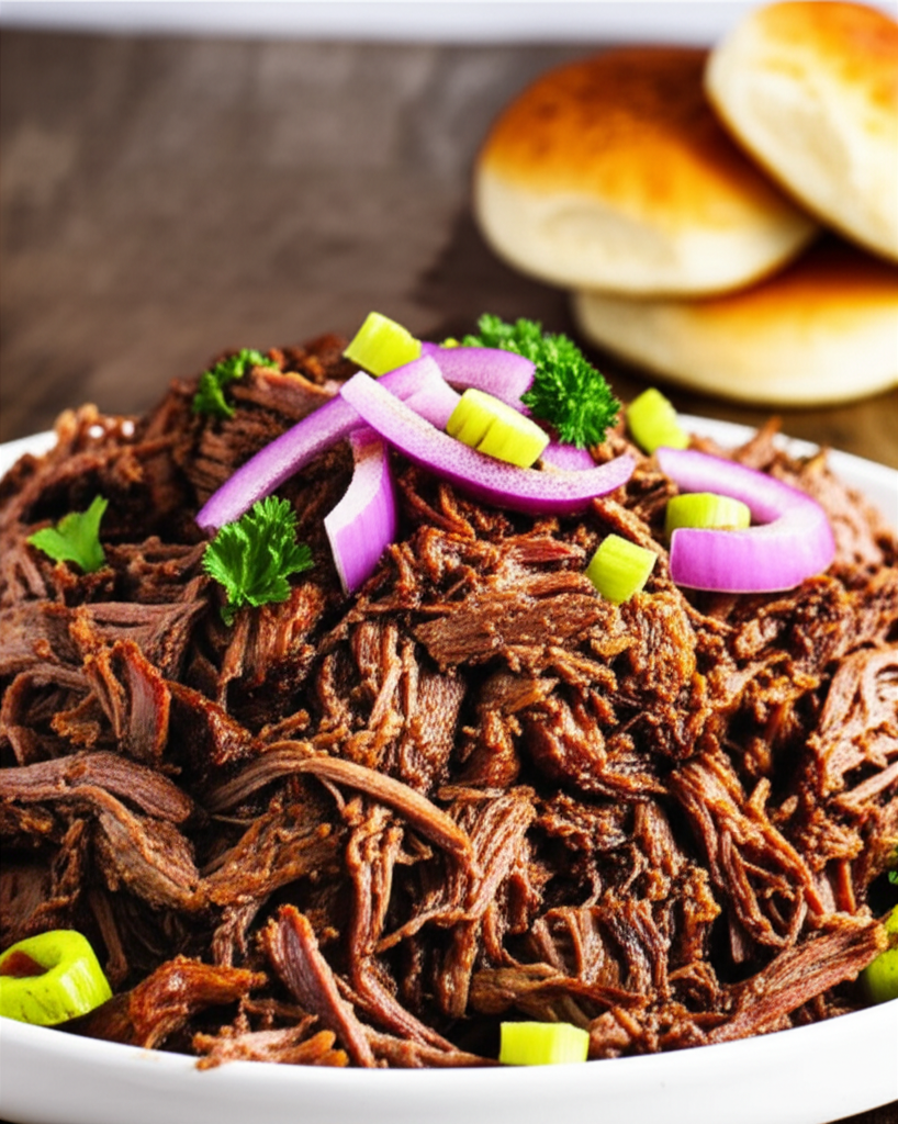 Shredded BBQ beef on a platter, garnished with red onion, celery, and parsley. Buns in background.