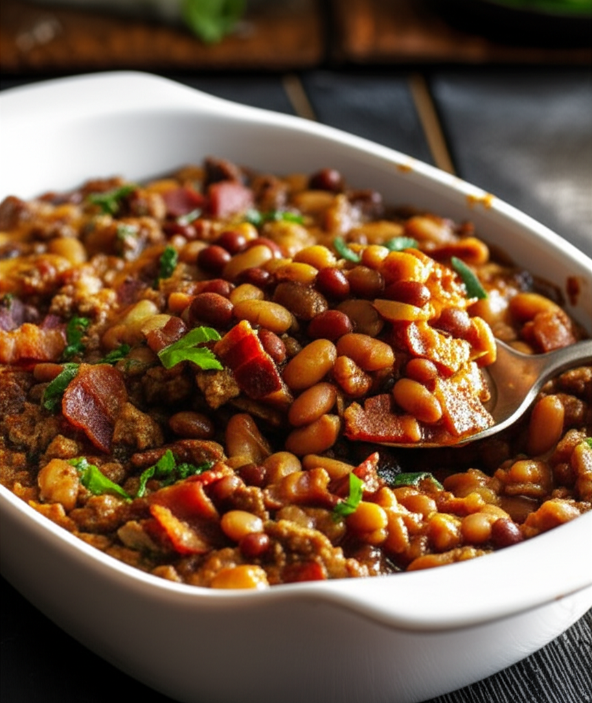Baked bean casserole in white dish, topped with bacon and herbs, spoonful being lifted.