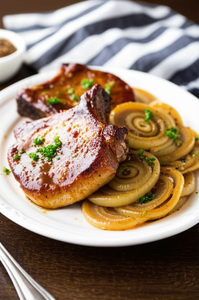Baked pork chops with caramelized onions on a white plate, garnished with parsley.