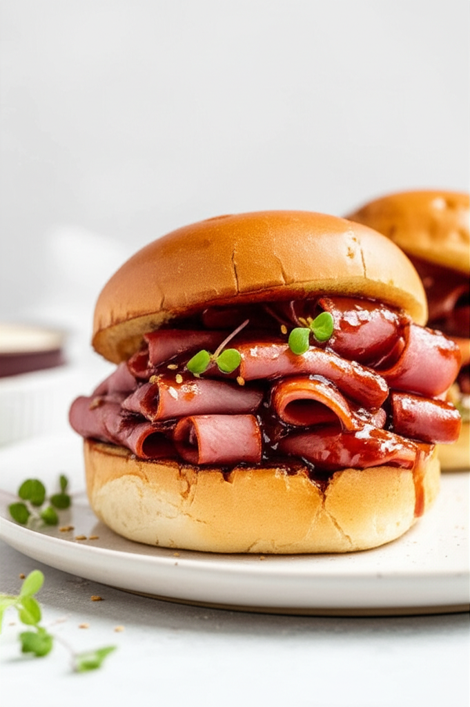 Barbecued ham sandwich on a toasted bun, topped with sauce and sprouts, served on a white plate.