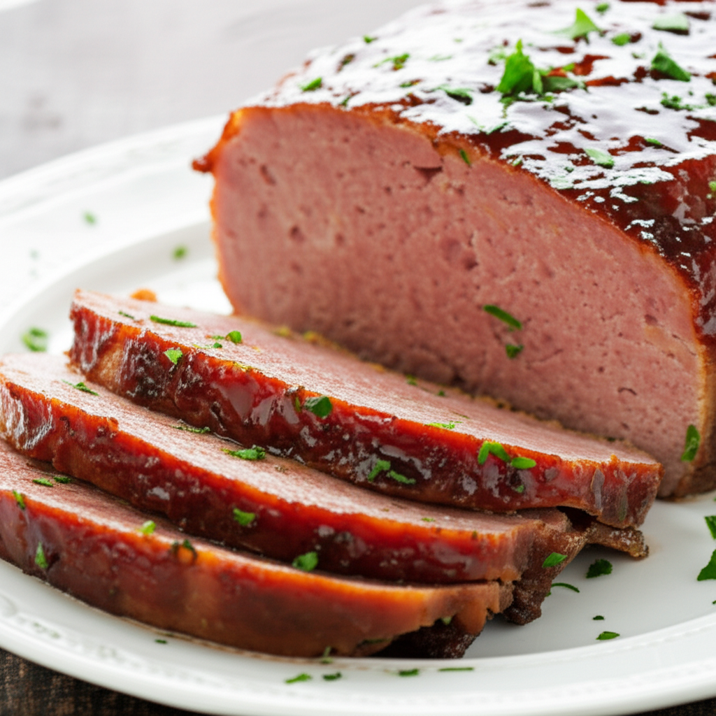 Sliced ham loaf with a glazed top, garnished with parsley on a white plate.