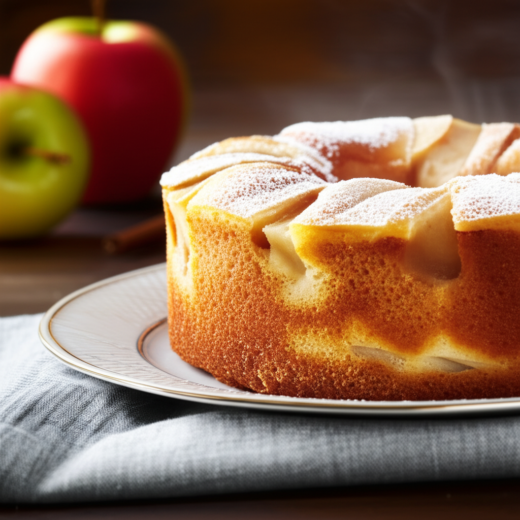 Ring-shaped apple cake dusted with powdered sugar on a white plate. Apples in background.
