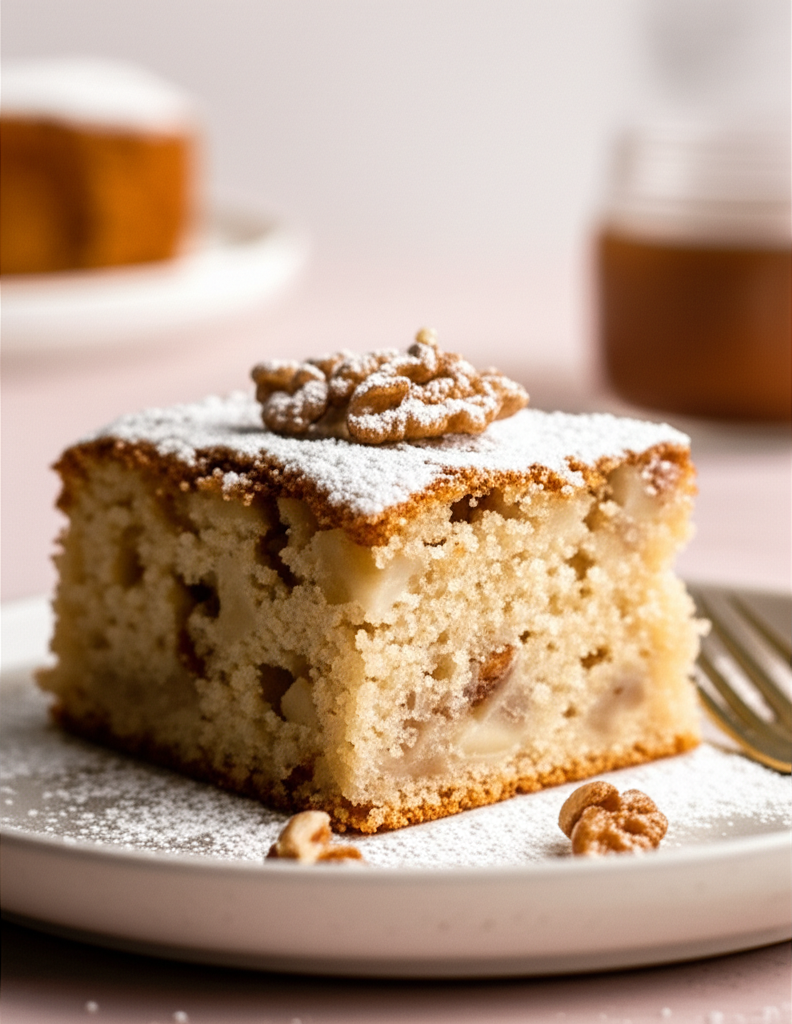 Slice of apple cake dusted with powdered sugar, topped with walnut, on a plate.