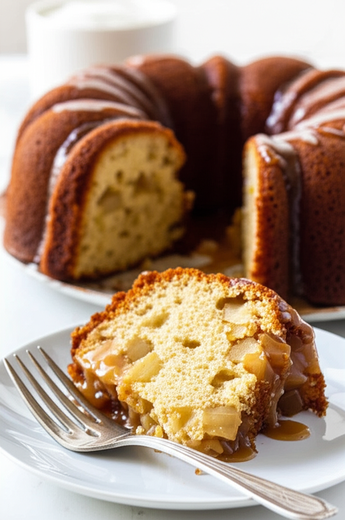 Slice of apple cake with caramel drizzle, showing apple chunks inside. Bundt cake in background.