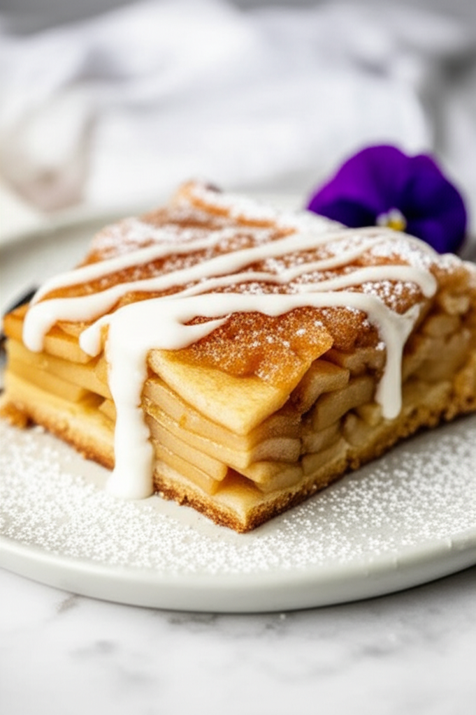 Slice of apple kuchen on a plate, drizzled with white icing and dusted with powdered sugar.