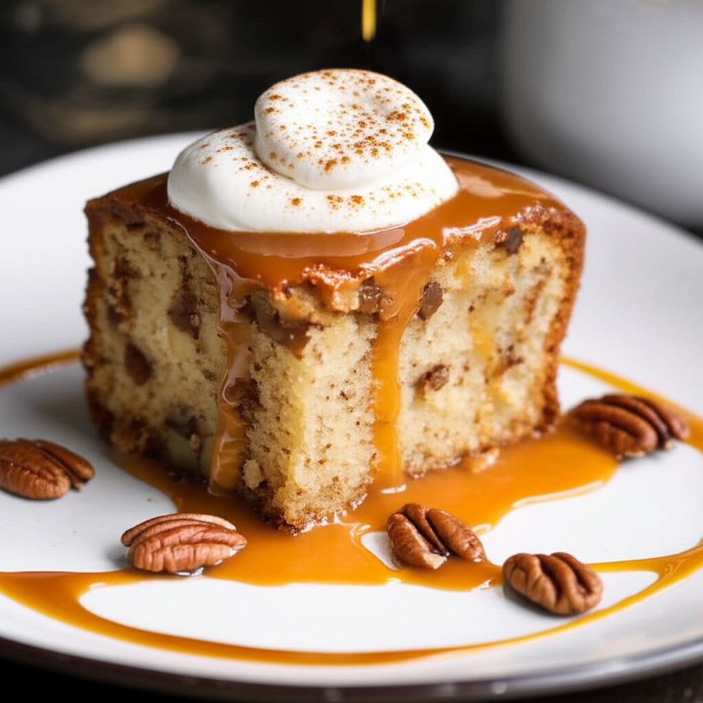 Apple cake slice topped with caramel sauce, whipped cream, cinnamon, and pecans on a white plate.