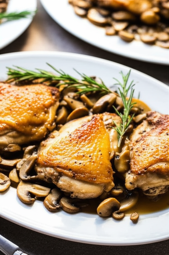Baked chicken thighs with golden-brown skin, served with sliced mushrooms and a sprig of rosemary on a white plate.