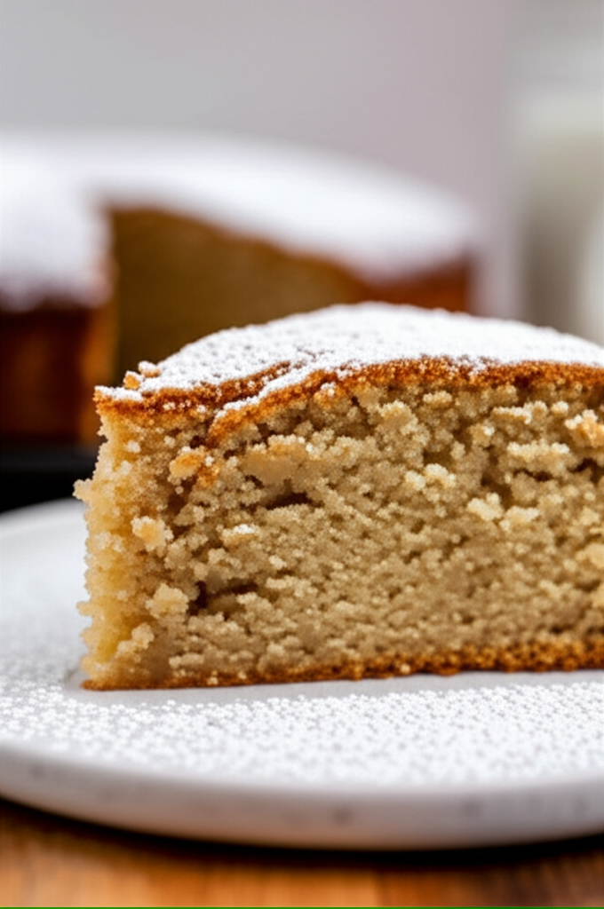 Slice of baked applesauce cake on a white plate, dusted with powdered sugar.