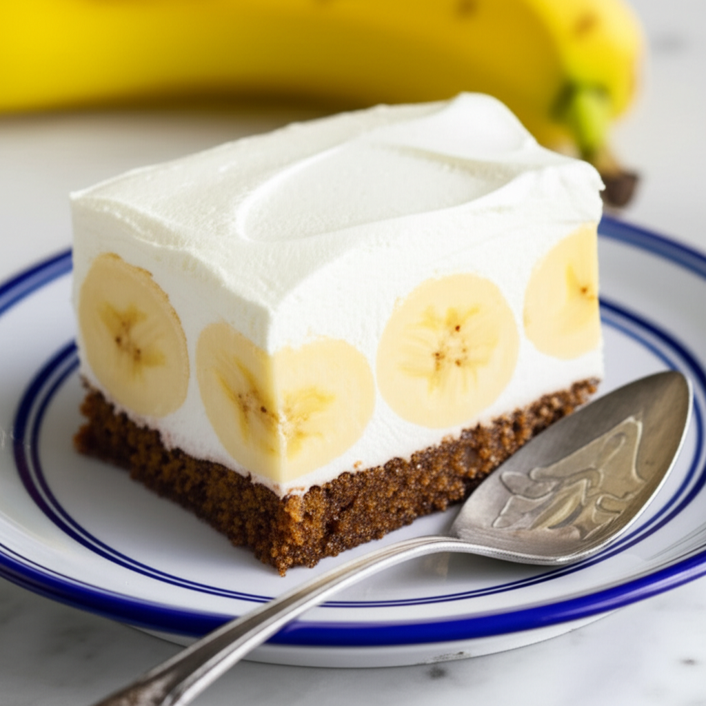 Slice of banana split cake: dark cake base, banana slices, whipped topping on blue-rimmed plate.