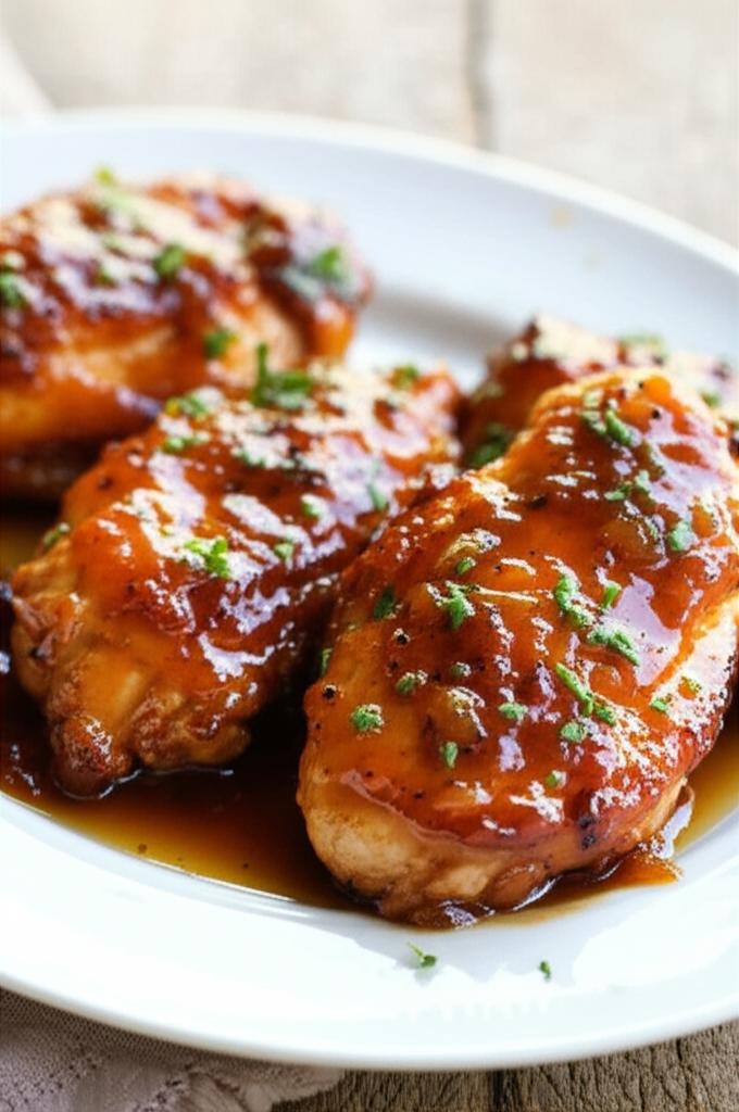 Glazed apricot chicken pieces on a white plate, garnished with chopped herbs and sauce.