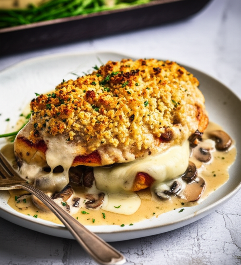 Crumb-topped chicken breast on a plate, covered in melted cheese and mushroom sauce.