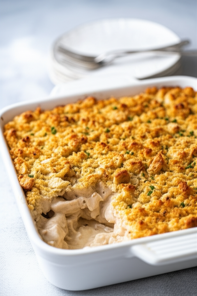 Baked chicken casserole in white dish, topped with golden-brown breadcrumbs and garnished with herbs.