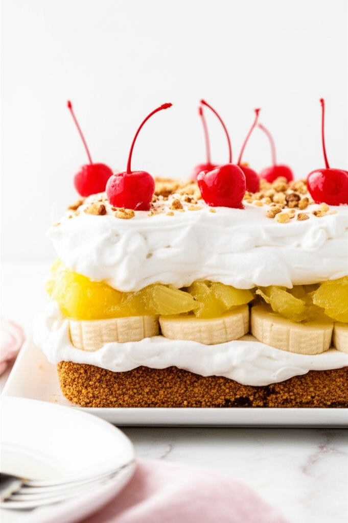 Layered banana split cake: graham cracker crust, whipped cream, bananas, pineapple, cherries, and nuts.