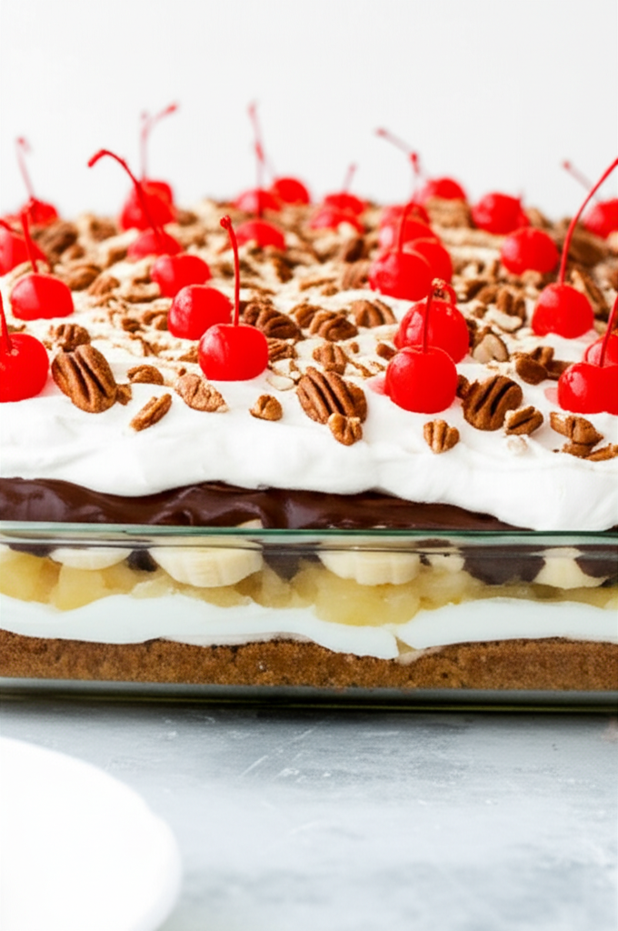 Layered banana split cake in glass dish: cake, fruit, whipped topping, chocolate, pecans, and cherries.