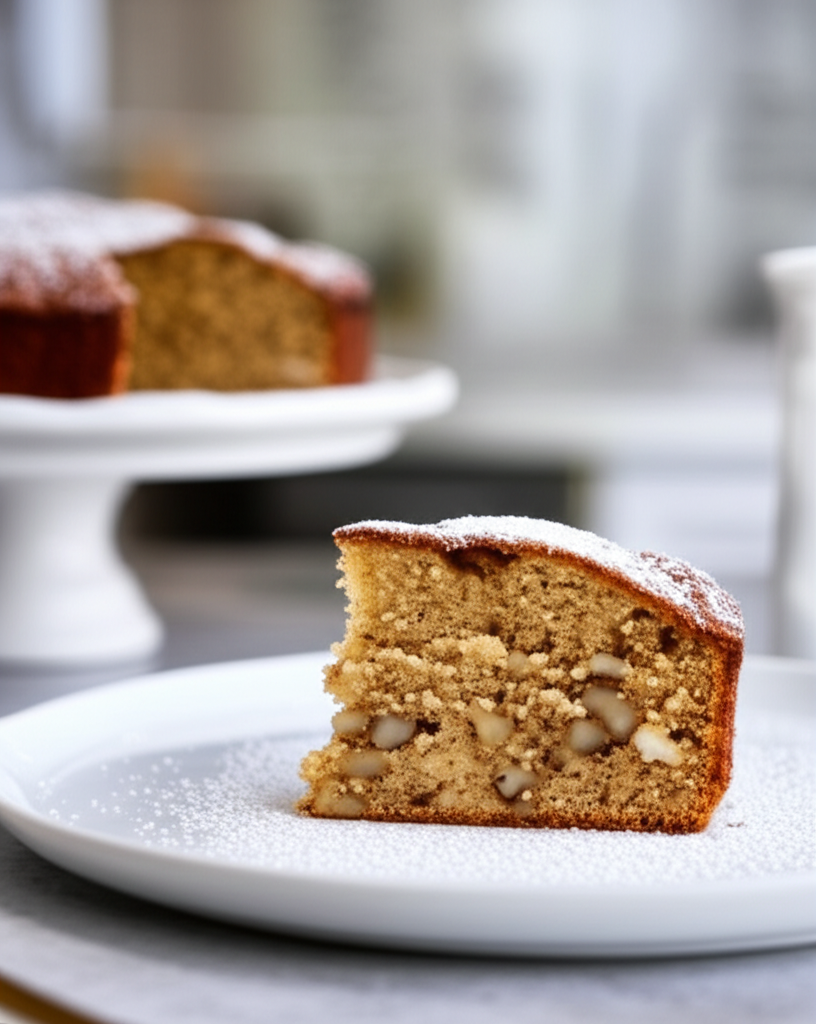 Slice of banana nut cake on a plate, dusted with powdered sugar. Whole cake visible in background.