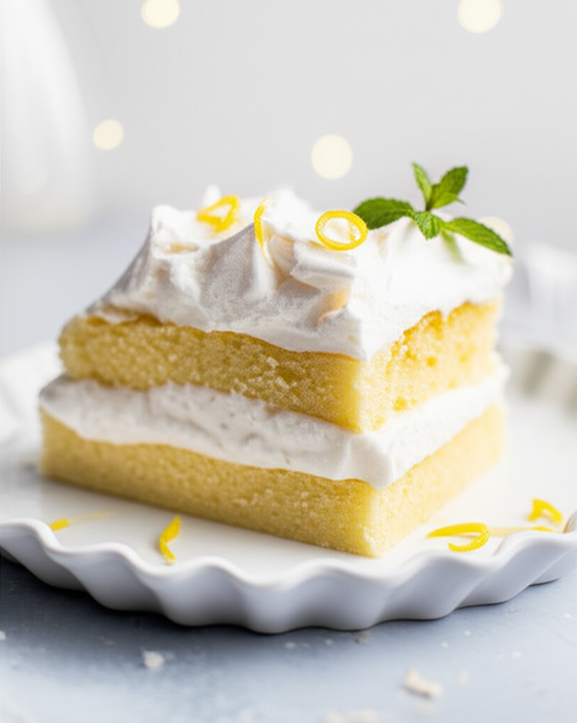 Lemon icebox cake slice: layered cake with white frosting, lemon zest, and mint garnish on a white plate.