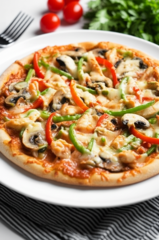 Stir-fry pizza on a white plate, topped with melted cheese, mushrooms, red and green peppers, and chicken.