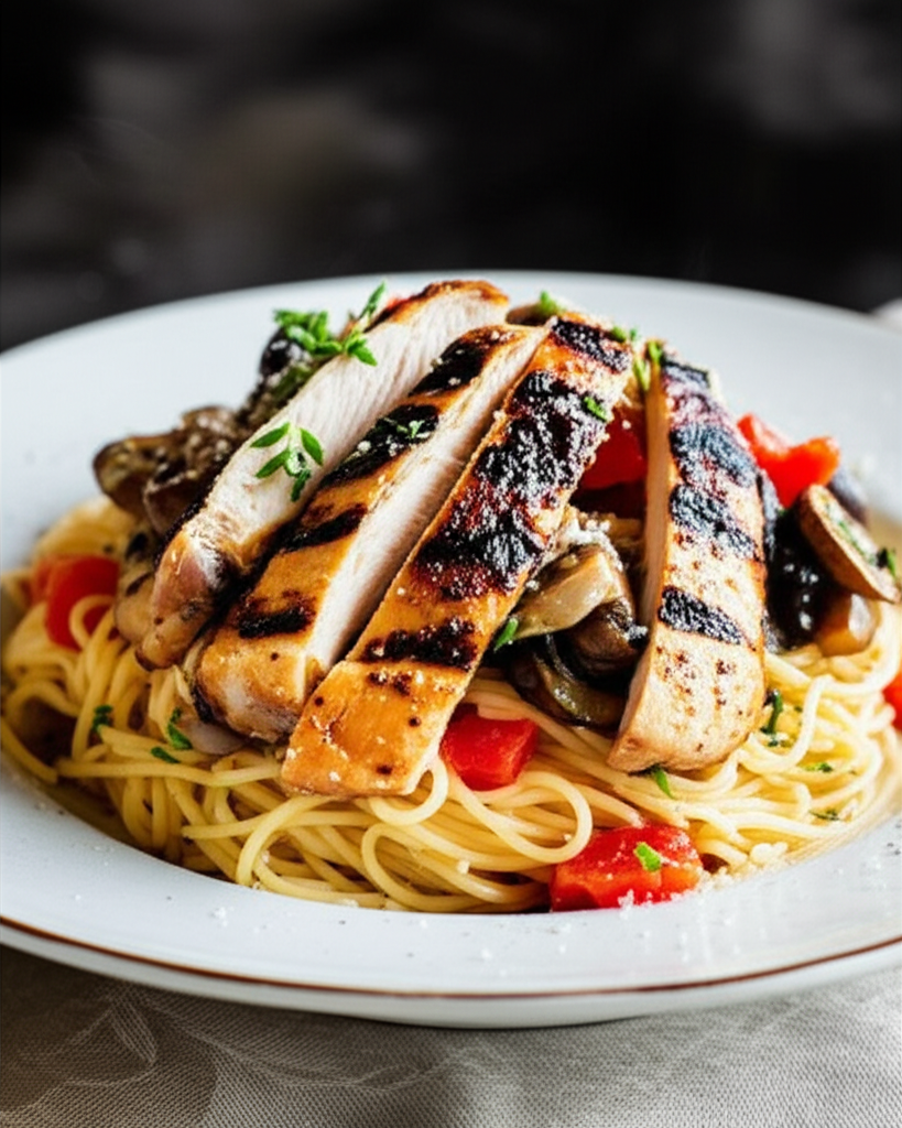 Angel hair pasta topped with sliced grilled chicken, sautéed mushrooms, and diced tomatoes on a white plate.