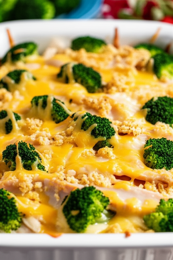 Baked turkey casserole with broccoli florets, melted cheese, and breadcrumb topping in a white dish.