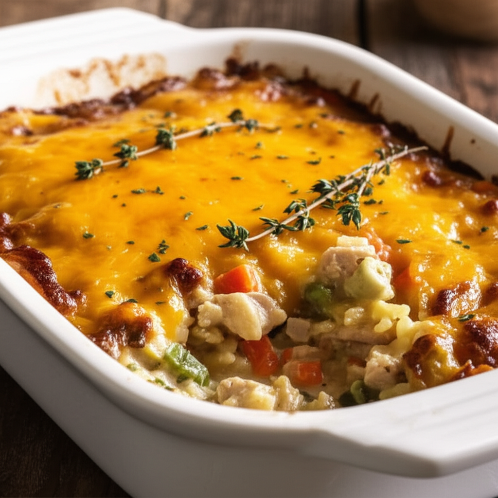 Baked chicken pot pie with golden cheese topping in a white dish, garnished with thyme.