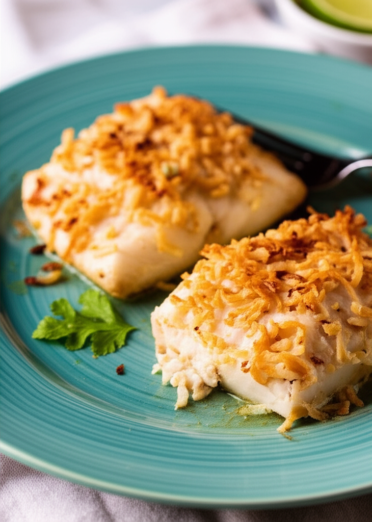 Baked white fish topped with toasted coconut flakes on a teal plate, garnished with parsley.
