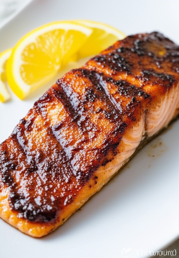 Barbecue roast salmon fillet with grill marks, served on a white plate with lemon slices.