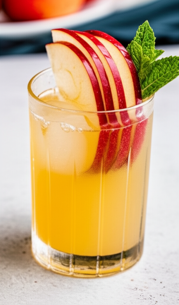 Apple Cheer cocktail: Yellow drink with ice, garnished with sliced red apple and mint sprig.