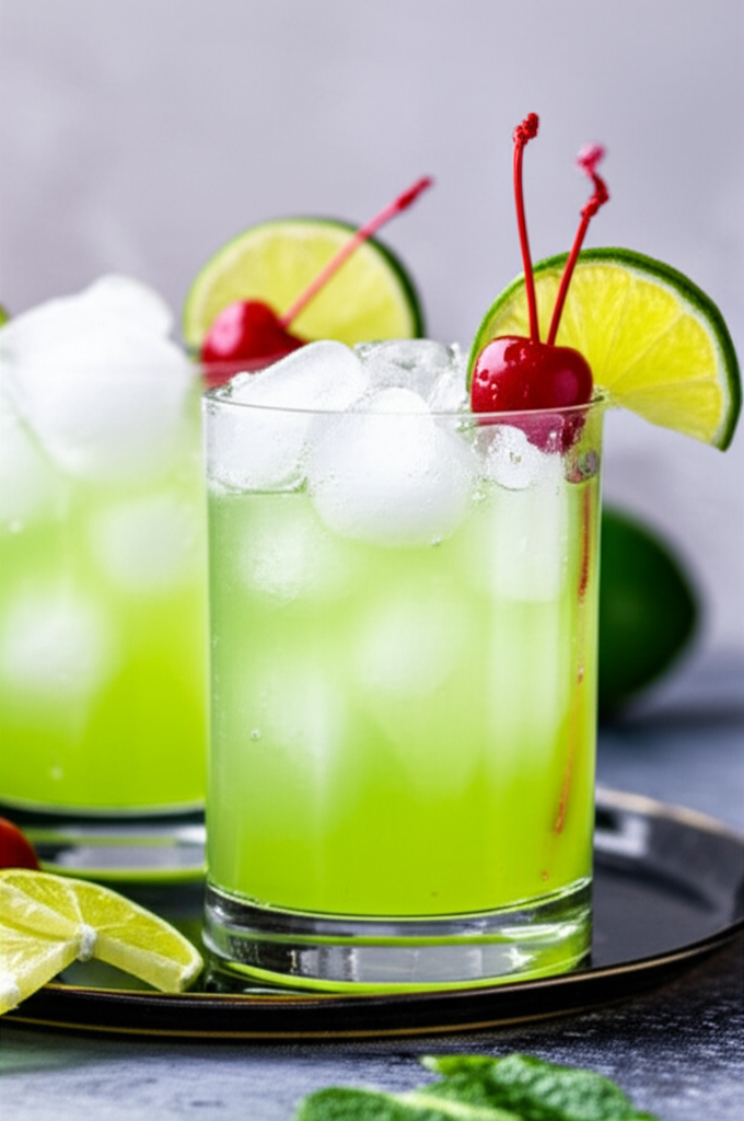 Iced green cocktail in glass, garnished with lime wedge and maraschino cherry.
