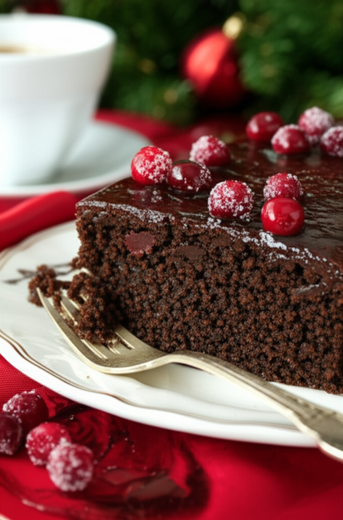Slice of dark rum cake with shiny glaze, sugared cranberries on top, served on a white plate with a fork.