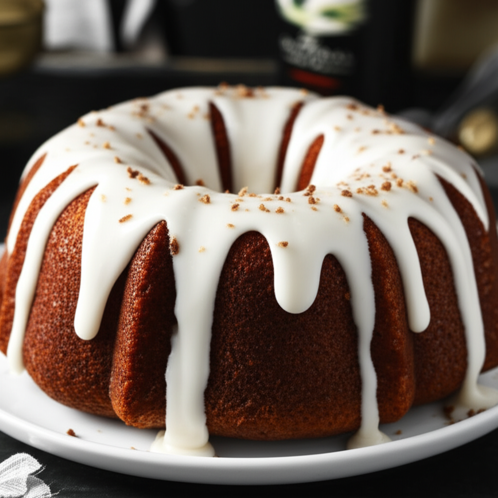 Bundt cake with white glaze dripping down the sides, sprinkled with crumbs, on a white plate.