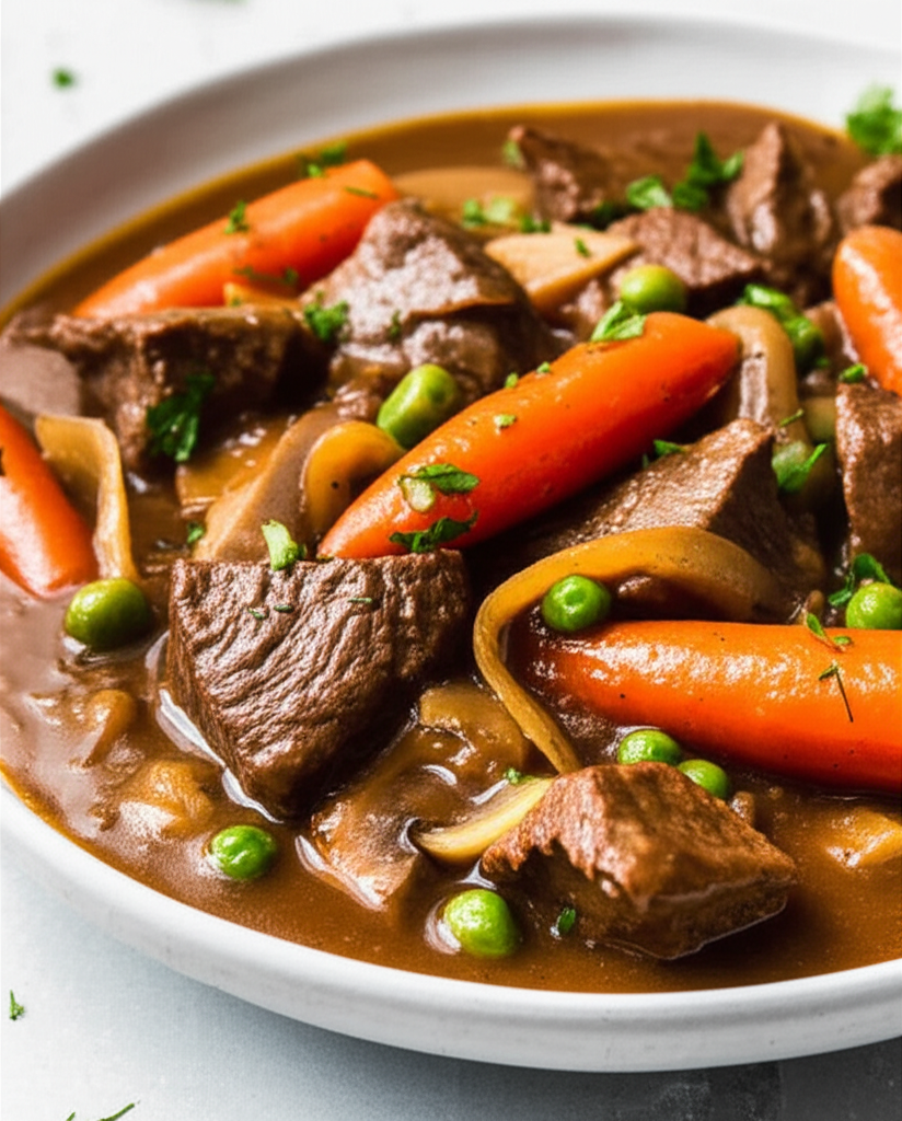 Beef stew in a white bowl, featuring tender beef chunks, bright carrots, peas, and sliced mushrooms in a rich brown gravy.